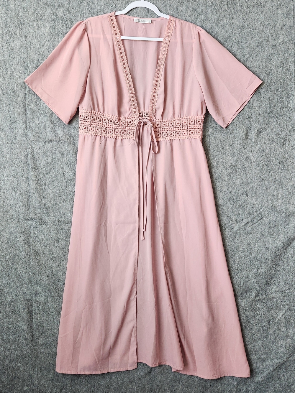 Cupshe Layla Crochet Insert Kimono Cover Up Dress Women's L Pink Tie Front Beach